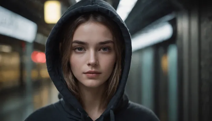 Portrait of a sad beautiful girl with a hoodie in a subway at night, rainy night, beautiful eyes, foggy night lights, dramatic lights, neon lights, hardwave aesthetic, cold lights, dark cyberpunk aesthetic, extremely beautiful woman.