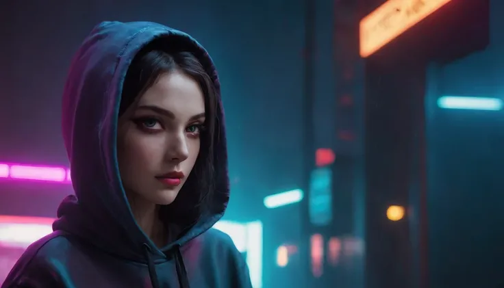 Portrait of a beautiful girl with a hoodie in a cyberpunk city at night, rainy night, beautiful eyes, foggy night lights, dramatic lights, neon lights, hardwave aesthetic, cold lights, dark cyberpunk aesthetic, extremely beautiful woman.