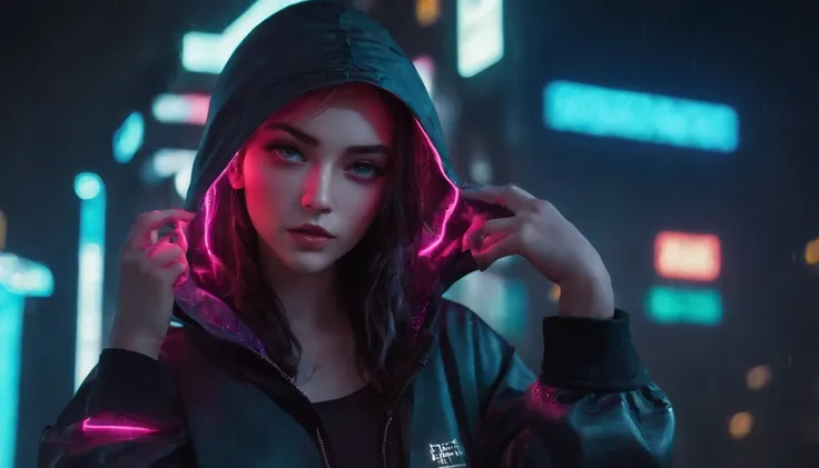 Portrait of a beautiful girl with a hoodie in a cyberpunk city at night, rainy night, beautiful eyes, foggy night lights, dramatic lights, neon lights, hardwave aesthetic, cold lights, dark cyberpunk aesthetic, extremely beautiful woman.