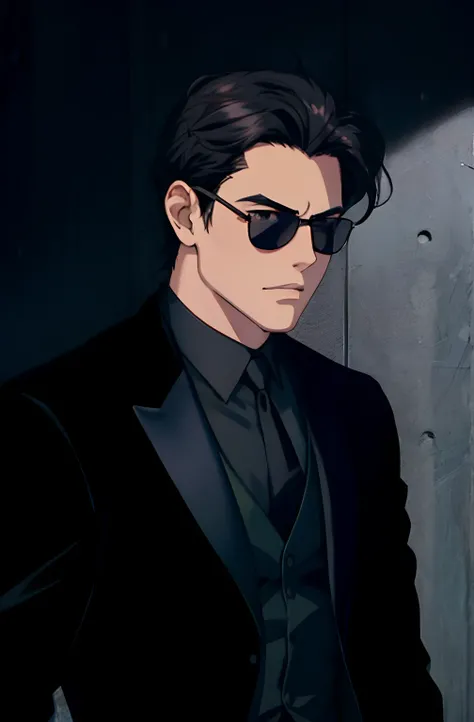 Anime man in black suit and sunglasses in front of a wall, homem bonito anime, terno escuro, cara bonito na arte demon slayer, Nice anime pose, brave features, inspirado em Hisui Sugiura, Neo Estilo Preto, Retrato anime de um homem bonito, delicate androgy...