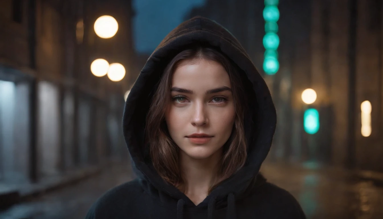 Portrait of a sad beautiful girl with a hoodie in a city alley at night, rainy night, beautiful eyes, foggy night lights, dramatic lights, neon lights, hardwave aesthetic, cold lights, dark cyberpunk aesthetic, extremely beautiful woman.