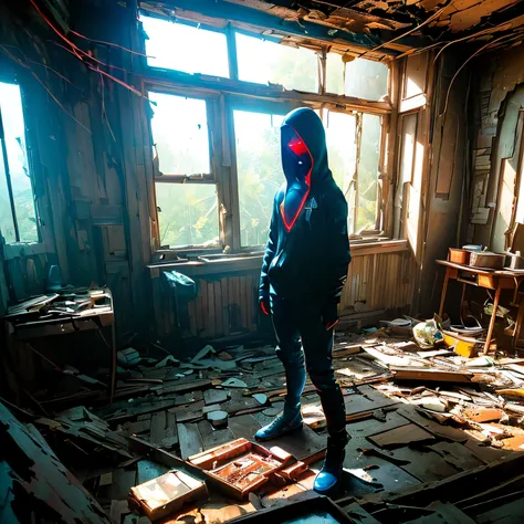 (((High quality))), (((Ultra-detailed))), ((full body Shot)), a red shinning robot, ((blue Glowing eyes)), ((looking distantly)), ((Light is illuminating the head)),, Inside an abandoned house, ((Sunlight shines through a broken window in the background)),...