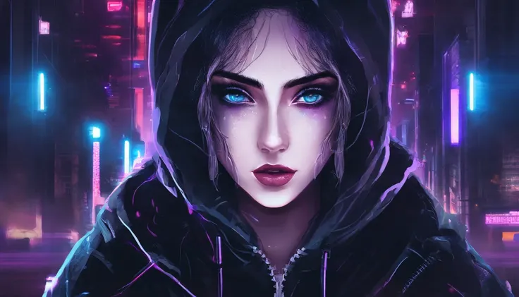 Portrait of a beautiful girl with a hoodie in a cyberpunk city at night, rainy night, beautiful eyes, foggy night lights, dramatic lights, neon lights, hardwave aesthetic, cold lights, dark cyberpunk aesthetic, extremely beautiful woman.