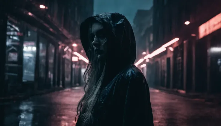 Portrait of a beautiful girl with a hoodie in a city alley at night, rainy night, beautiful eyes, foggy night lights, dramatic lights, neon lights, hardwave aesthetic, cold lights, dark cyberpunk aesthetic, extremely beautiful woman.