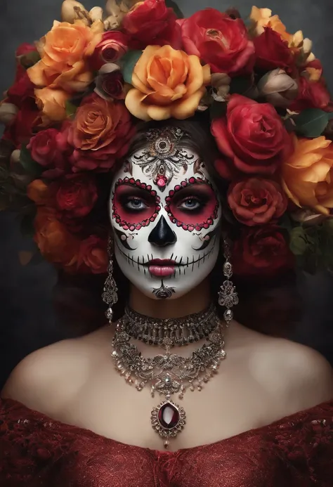 a close up of a woman with a flower crown on her head, arte vetorial por Dave Arredondo, Vencedor do concurso CGSetline, gothic art, Dia de Finados:. 8 mil, Dia de Finados:, portrait of a sugar skull, Dia de Finados:, Dia dos Mortos Maquiagem, (Dia de Fina...