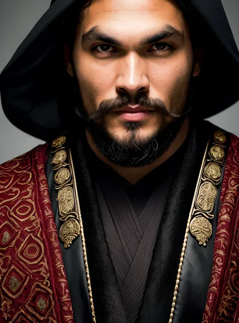 a close up of a man with a beard and a black robe, a portrait by Roman Bezpalkiv, zbrush central contest winner, renaissance, handsome prince of persia, jason momoa as assyrian, handsome male, his head covered in jewels, as a medieval fantasy character, ar...