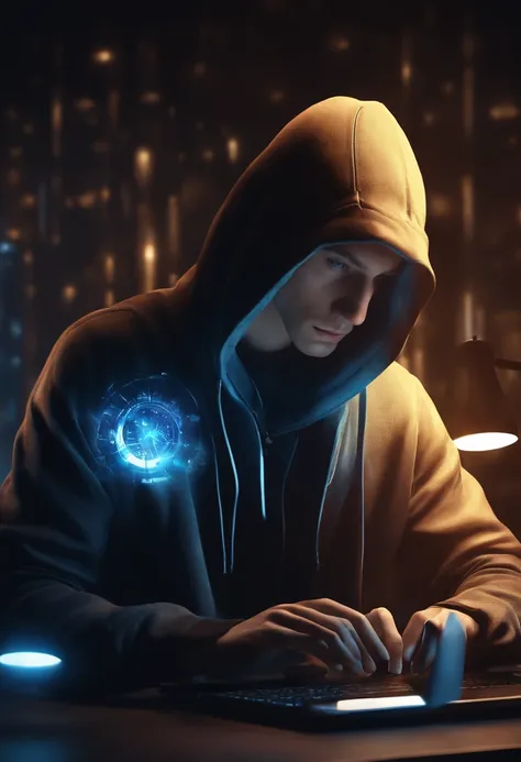 4k, detailed CG, 4k wallpaper, hacker, black hoodie, blue eyed blonde male, laptop, screens, dark room