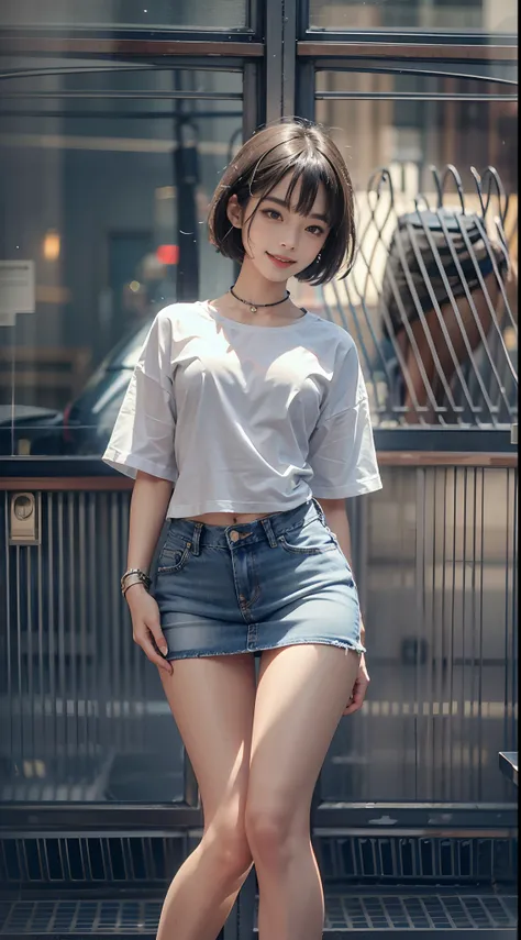 tshirts, Denim Mini Skirt, a miniskirt, backpack, Smiling smile, (NSFW), 1womanl, 独奏, 24 year old, 7headed body, (Ideal ratio body proportions), (Composition from head to thigh), erectile nipple, Sexy body, Wet, short-hair, A dark-haired, small tits, A sle...