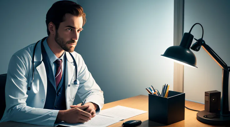 A man sitting at a desk in a dimly lit dark room with no windows or doors dressed in a doctors coat. And illuminated by a single light source