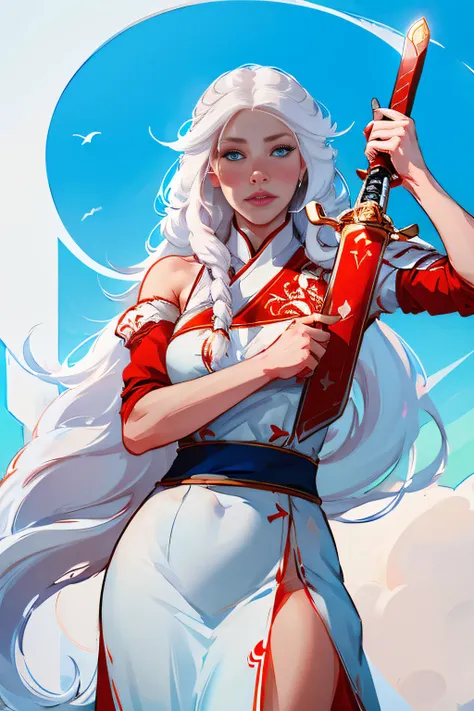 kiana，a girl with long white hair，8k，delicate girl，armed with a red giant sword，blue colored eyes，white clothes，cute，masterpiece...