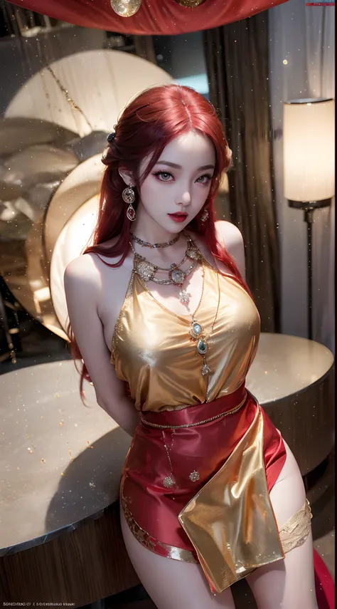 1 beautiful and sexy 20 year old girl, ((wearing traditional Hanfu armor with main colors purple and red:1)), not wearing pants, sexy hanfu style, ((long red hair:1.7)), jewelry elaborately made from precious stones and beautiful hair, ((wearing a 24k gold...