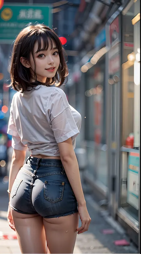 facing back, Super close-up of buttocks, tshirts, Denim Mini Skirt, Smiling smile, (NSFW), 1womanl, 独奏, 24 year old, 7headed body, (Ideal ratio body proportions), (Composition from head to thigh), erectile nipple, Sexy body, Wet, short-hair, A dark-haired,...