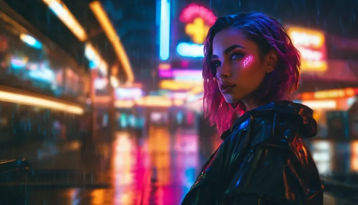 Portrait of a beautiful girl in gas station at night, rainy night, beautiful eyes, foggy night lights, dramatic lights, neon lights, hardwave aesthetic, cold lights, dark cyberpunk aesthetic, extremely beautiful woman.