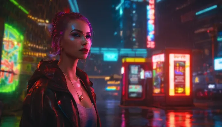 Portrait of a beautiful girl in gas station at night, rainy night, beautiful eyes, foggy night lights, dramatic lights, neon lights, hardwave aesthetic, cold lights, dark cyberpunk aesthetic, extremely beautiful woman.