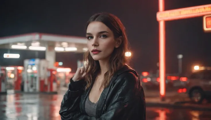 Portrait of a beautiful girl in gas station at night, rainy night, beautiful eyes, foggy night lights, dramatic lights, neon lights, hardwave aesthetic, cold lights, dark cyberpunk aesthetic, extremely beautiful woman.