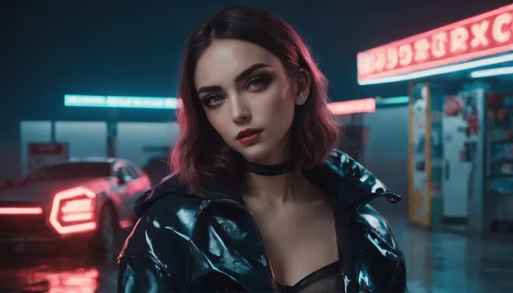 Portrait of a beautiful girl in gas station at night, rainy night, beautiful eyes, foggy night lights, dramatic lights, neon lights, hardwave aesthetic, cold lights, dark cyberpunk aesthetic, extremely beautiful woman.