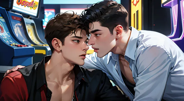 Two men kiss, 19 year old boy in an arcade, open shirt, mulcular body, detailed textures, sharpness, passionate gay kiss, sexual tension