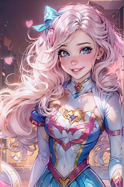 belle delphine vestida con un disfraz de super girl piel blanca, ojos azules, cabello largo y rosa, hermosa sonrisa, ojos grande...