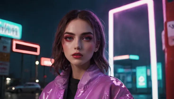 Portrait of a beautiful girl in a gas station at night, rainy night, beautiful eyes, foggy night lights, dramatic lights, neon lights, hardwave aesthetic, cold lights, dark cyberpunk aesthetic, extremely beautiful woman.