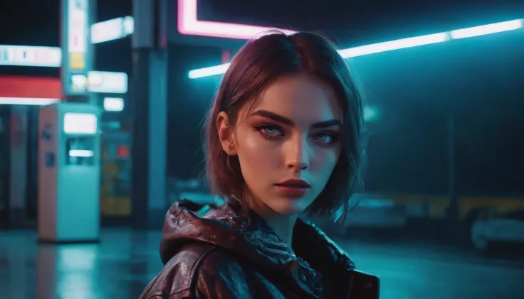 Portrait of a beautiful girl in a gas station at night, rainy night, beautiful eyes, foggy night lights, dramatic lights, neon lights, hardwave aesthetic, cold lights, dark cyberpunk aesthetic, extremely beautiful woman.