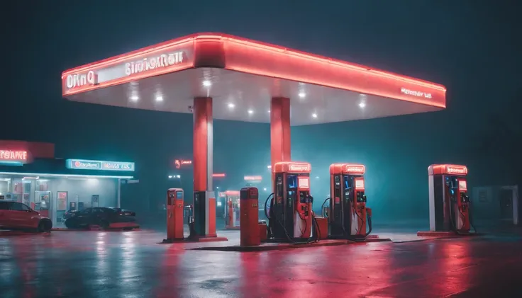 Gas station at night, rainy night, neon lights, moody photography, cyberpunk aesthetic, hardwave aesthetic, foggy night, photography.