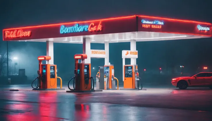 Gas station at night, rainy night, neon lights, moody photography, cyberpunk aesthetic, hardwave aesthetic, foggy night, photography.