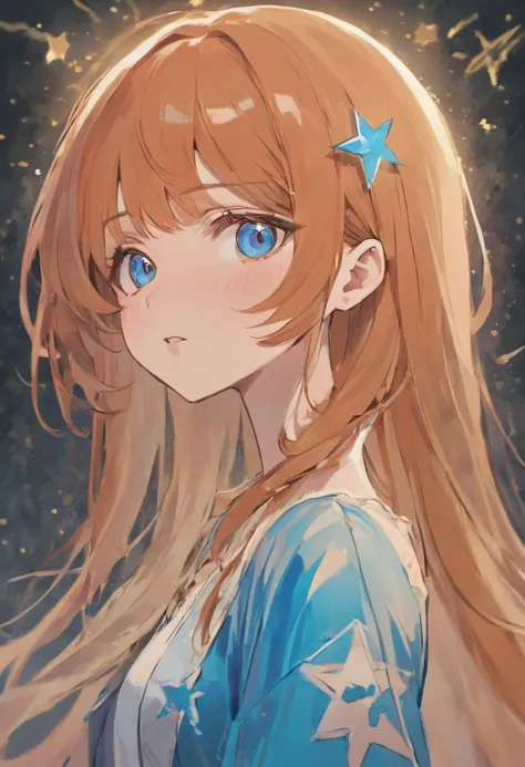 The beautiful woman, with big black eyes, large and full lips, ginger hair, long bangs hair, and long hair, wears a white and blue top with a necklace with a small white star at the end.