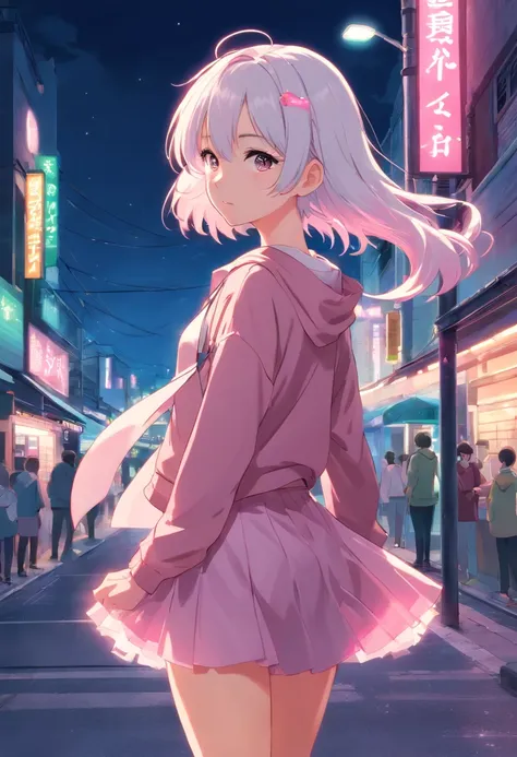 a miniskirt,White hair,Inner color pink,teens girl,On the street at night,Best Quality,A detailed face,CLEAN IMAGE