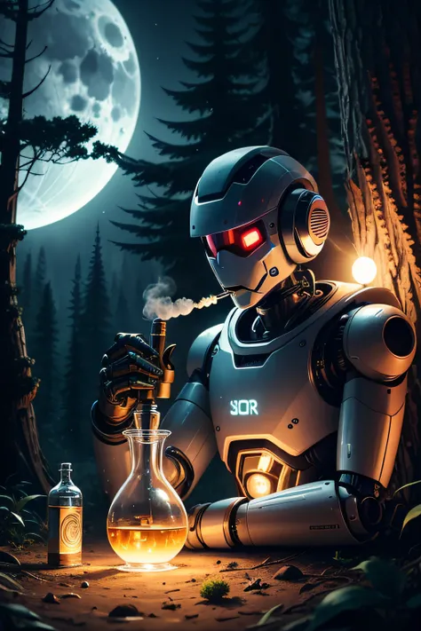 Robot smoking from a bong, chilling, in forest, night, moonlight, weed, bong, amoking from a glass bong,goofy, high