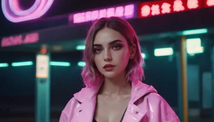 Portrait of a beautiful girl in a gas station at night, rainy night, beautiful eyes, foggy night lights, dramatic lights, neon lights, hardwave aesthetic, cold lights, dark cyberpunk aesthetic, extremely beautiful woman.