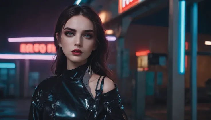 Portrait of a beautiful girl in a gas station at night, rainy night, beautiful eyes, foggy night lights, dramatic lights, neon lights, hardwave aesthetic, cold lights, dark cyberpunk aesthetic, extremely beautiful woman.