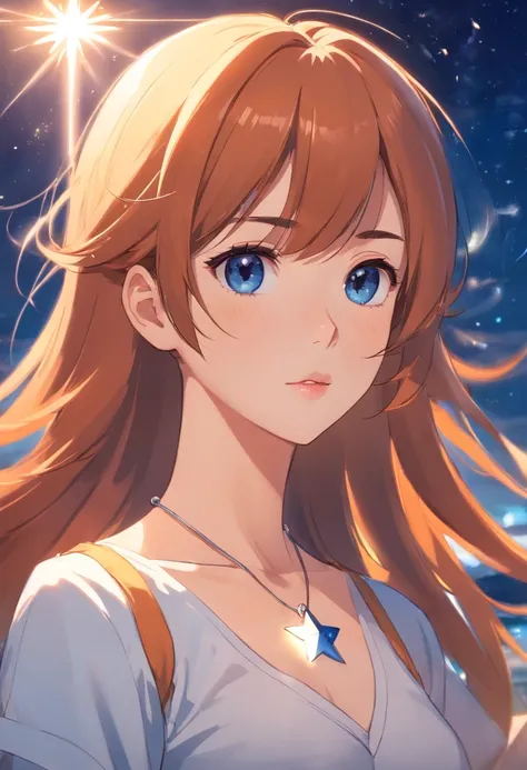 The beautiful woman, with big black eyes, black color eyes, large and full lips, ginger hair, long bangs hair, and long hair, wears a white and blue top with a necklace with a small white star at the end.