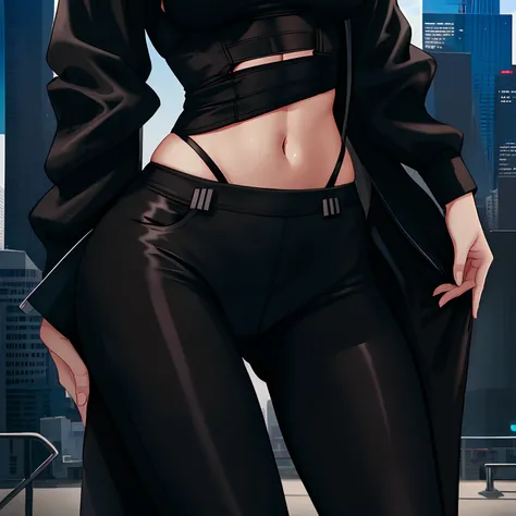 arafed woman in black sportswear posing in front of a city skyline, jet black leggins, black leggings, black leggins, wearing black tight clothing, black spandex, leggings, leggins, close up to a skinny, tight outfit, matte black pants, skintight black clo...