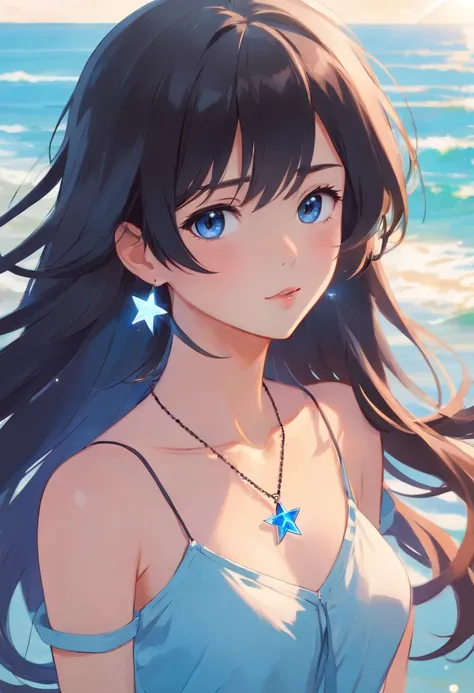 The beautiful woman, with big black eyes, large and full lips, black hair, long bangs hair, and long hair, wears a white and blue top with a necklace with a small white star at the end.