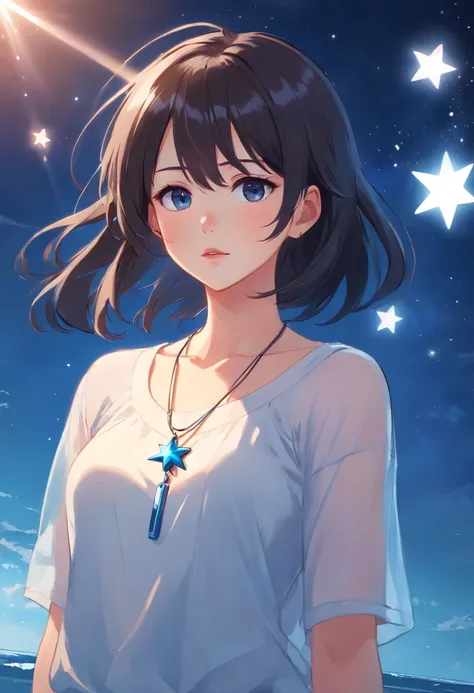 The beautiful woman, with big black eyes, large and full lips, black hair, long bangs hair, and long hair, wears a white and blue top with a necklace with a small white star at the end.