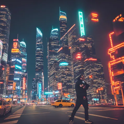 A capa do CD retrata uma cena urbana noturna, with a skyline of skyscrapers illuminated by extended neon lights. no centro da imagem, Rapper Wears Stylish Outfits and Sunglasses, expressing trust, with his back to the camera. He raises his hand to his ear,...