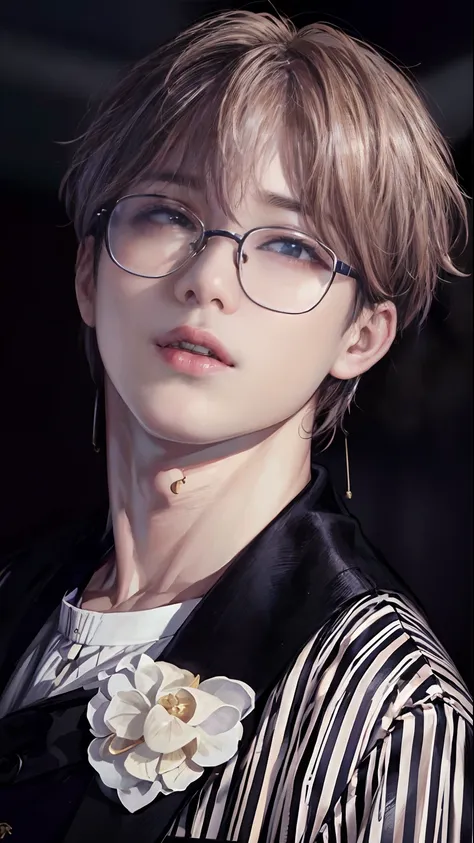 a close up of a person wearing glasses and a jacket, jimin\'s plump lips, park jimin, jimin\'s right eyelid swollen, jimin\'s gr...