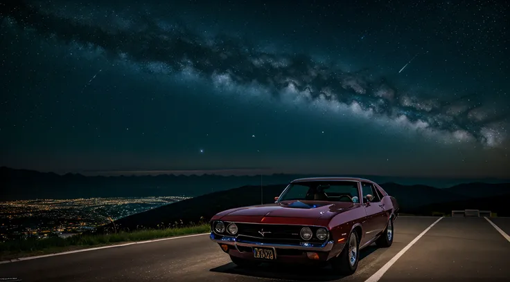 scenic view, Classic muscle car, galaxy background, galaxy sky, very starry sky, planeta aparecendo