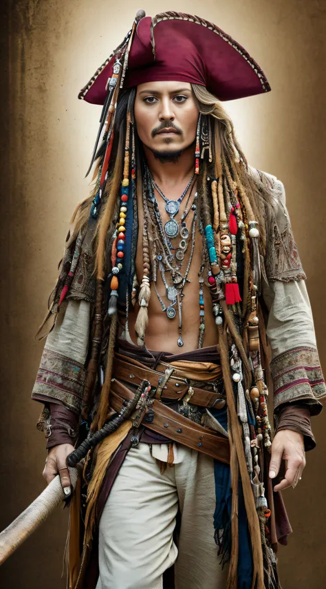 Masterpiece, Johnny Depp, Handsome, Bohemian Costume, (High Detail: 1 1) Pirates of the Caribbean, Accessories, Corsair, Sea Scene, Full Body Photo, Rough Face, Natural Skin, High Quality, (Face: 1 2), Real Photo Light, High Resolution 8k, Realistic, Profe...