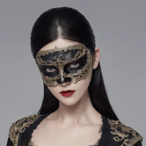 Fashion portrait with exotic and mysterious image、Eccentric hairstyle spreads horizontally、Paint-like eyeshadow around the eyes、Detailed skin type expression、Paint on the face、Melancholy gaze、He wears a black mask with a fang-growing mouth printed on it.8k...