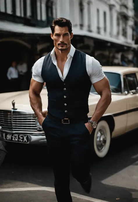 David Gandy jovem, vestido como um policial gostoso, [usando um colete a prova de balas], [farda de policial do Rio de Janeiro] [Olhos brilhantes e expressivos], [Maxila cinzelada], [pelos faciais bem cuidados], [toned physique], [postura confiante], [olha...