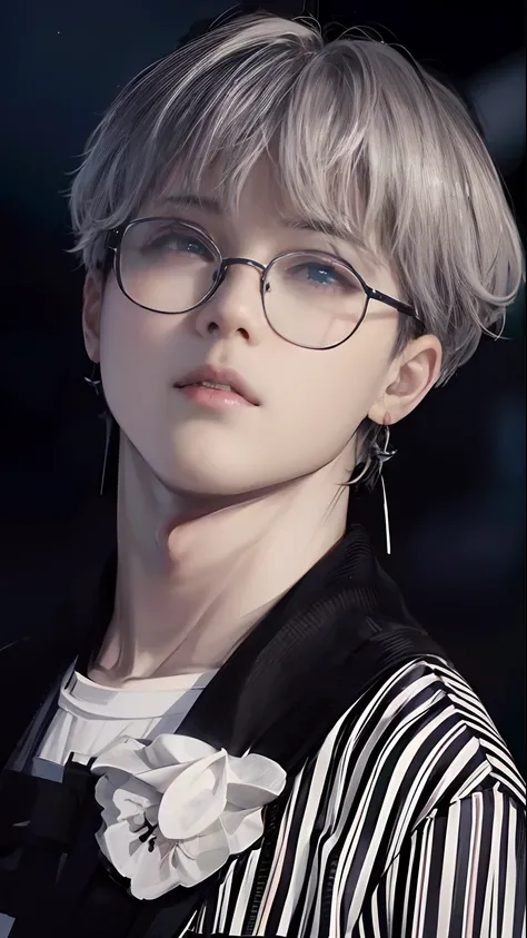 a close up of a person wearing glasses and a jacket, jimin\'s plump lips, park jimin, jimin\'s right eyelid swollen, jimin\'s gr...