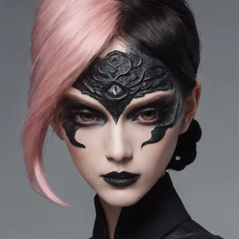 Fashion portrait with exotic and mysterious image、Eccentric hairstyle spreads horizontally、Paint-like eyeshadow around the eyes、Detailed skin type expression、Paint on the face、Melancholy gaze、He wears a black mask with a fang-growing mouth printed on it.8K...