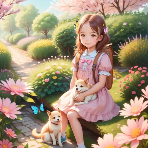 A charming little girl with a backpack is enjoying a cute spring outing surrounded by beautiful yellow flowers and nature with her cute puppy. The illustration is a high-definition illustration in 4k resolution with highly detailed facial features and cart...