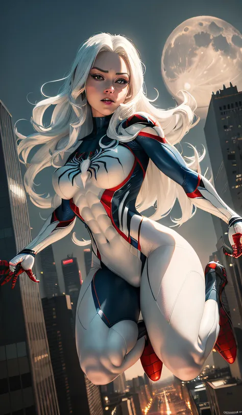 (Masterpiece, 4k resolution, ultra-realistic, very detailed), (White superhero theme, charismatic, theres a girl on top of town, wearing Spider-Man costume, shes a superhero), [ ((25 years), (long white hair:1.2), full body, (blue eyes:1.2), ((Spider-Man p...