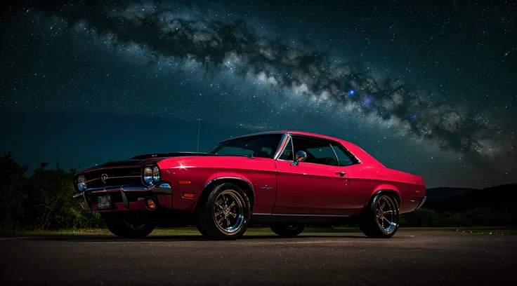 scenic view, Classic muscle car, galaxy background, galaxy sky, very starry sky, planeta aparecendo