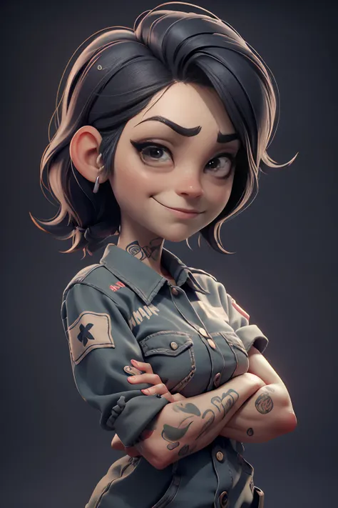 Development of animated characters in the style of 3D Pixar, Different facial expressions of an incarcerated woman in striped prison clothes with a patch with a number, tattoo on the arm, Character Sheet, Drawing, Реалистичный 3D-рендеринг, high resolution...