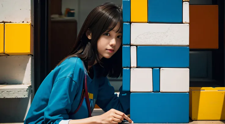 1 woman, stacking up big colorful tetris like blocks, build wall