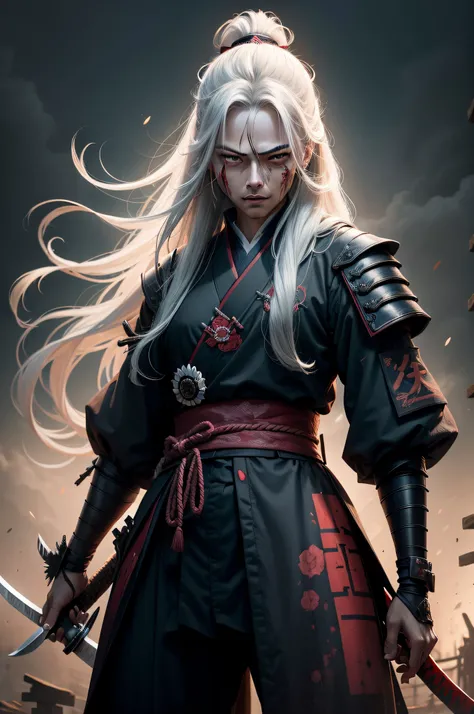 Guy with long hair white collar tall samurai on field sharpening his katana background abandoned area high quality detailed photo lighting dark zombie woman