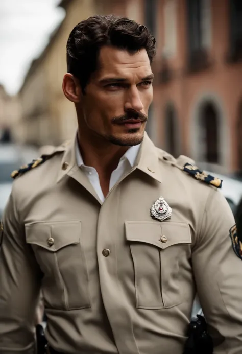 (best quality,Alto),o jovem David Gandy vestido de policial do exercito sexy, olhar intenso,pequeno sorriso malicioso, segurando algemas, olhando para a camera. olhar sedutor, corpo forte e musculoso, usando um uniforme do exercito brasileiro